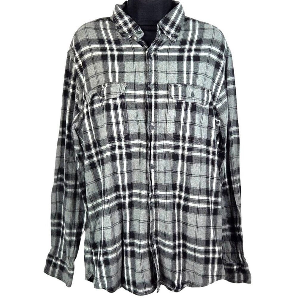 George Mens Grey Heather Plaid Super Soft Flannel Button-Up Shirt L (42-44)  Cot